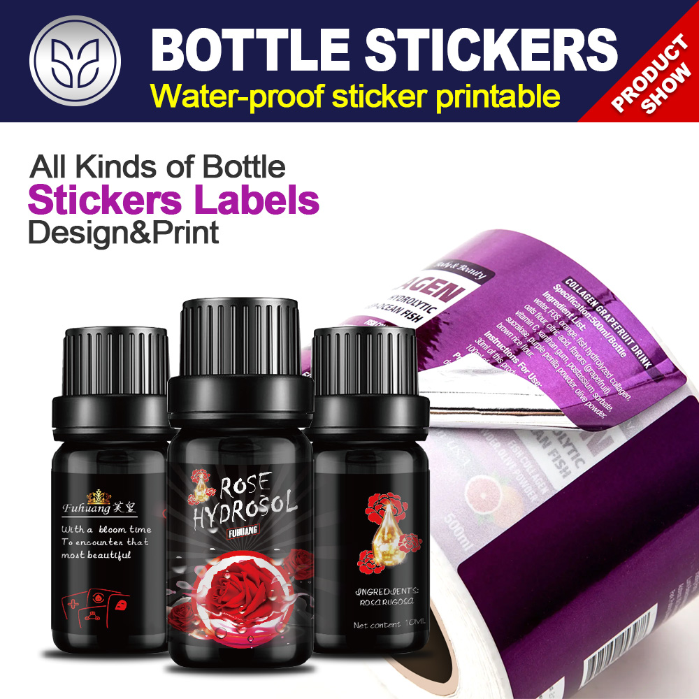 Custom Bottle label stickers printed and die-cut free design and samples for any kinds of bottle size shapes
